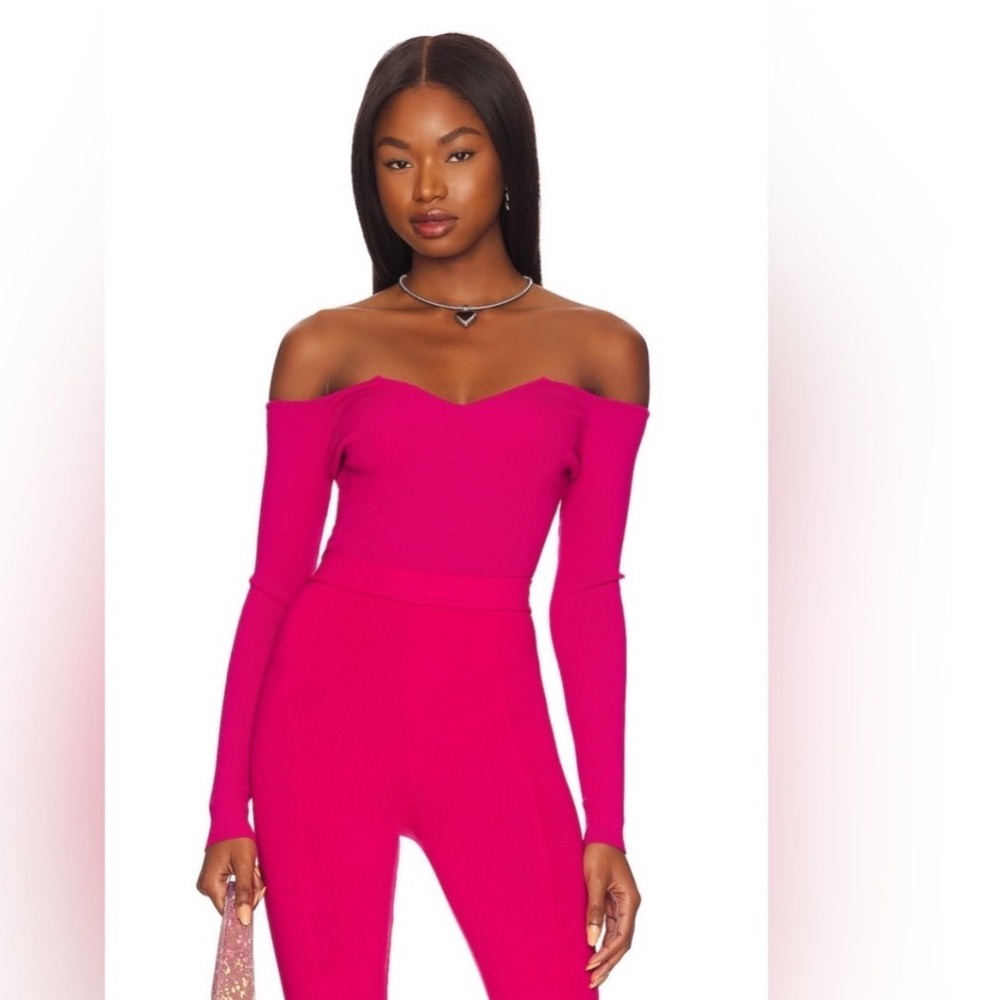 Superdown Ashton V Neck Bodysuit Small Hot Pink Ribbed Off Shoulder NWT Bright